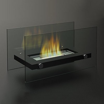 Design-Tischkamin mit Glasseiten, schwarzem Rahmen und brennender Flamme