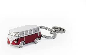 Schlüsselanhänger als rot-weißer VW T1 Bulli aus emailliertem Metall