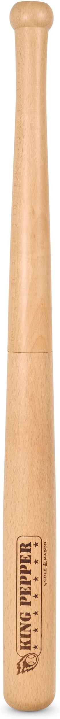Übergroße Pfeffermühle aus Buchenholz in Form eines Baseballschlägers mit King-Pepper-Gravur
