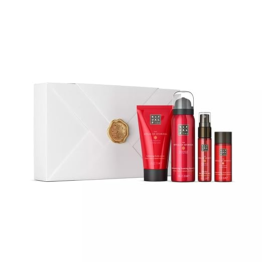 Rituals Geschenkset Ayurveda mit Bodycream, Duschschaum und Body Mist in roter Verpackung