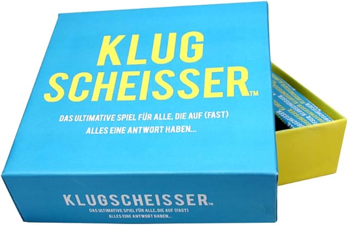 Hellblaue Spielebox Klugscheisser Wissensquiz mit gelber Schrift und Kartenstapel