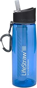 Blaue LifeStraw-Trinkflasche mit integriertem Filter, Mundstück und Karabiner