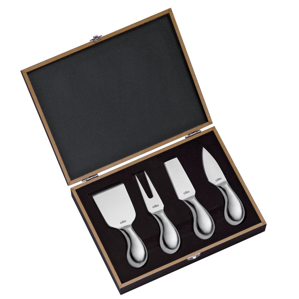Vierteiliges Cilio Käsemesser-Set Piave aus Edelstahl in offener Holz-Geschenkbox