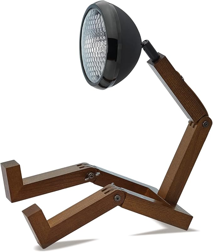 Biegbare Tischlampe in Menschform mit Holzkörper und mattschwarzem Scheinwerferkopf