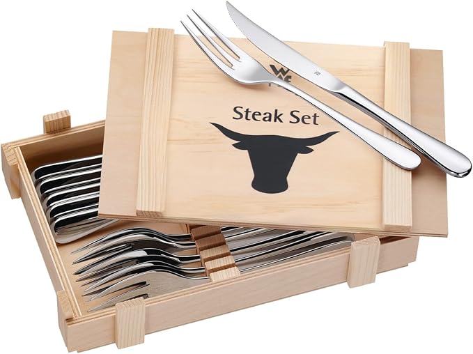 WMF Steakbesteck Set, 6 Messer und 6 Gabeln aus Edelstahl in Holzkiste