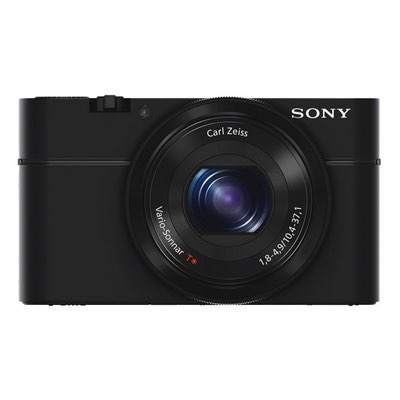 Schwarze Sony DSC-RX100 Kompaktkamera mit Carl-Zeiss-Objektiv von vorne