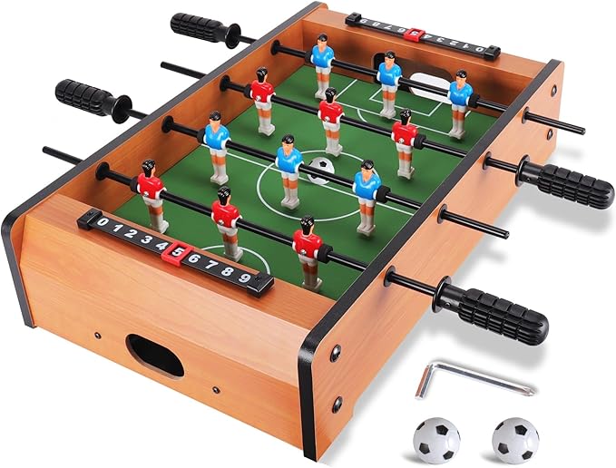 Mini-Tischfußball aus Holz mit roten und blauen Spielern, Punktezähler und zwei Bällen