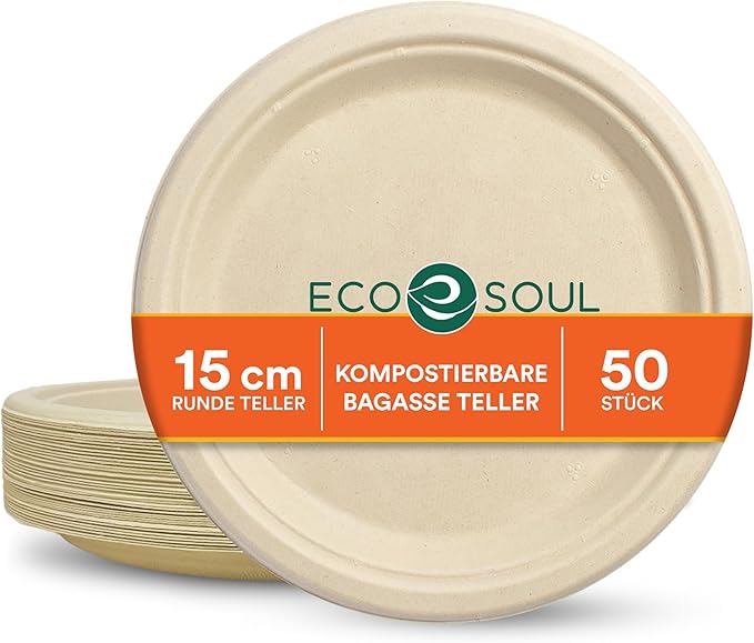 Stapel runder Einwegteller aus Zuckerrohr in Naturbeige, 15 cm Durchmesser