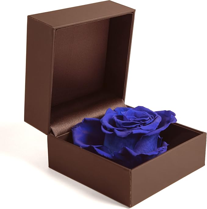 Konservierte blaue Infinity Rose in brauner Geschenkbox mit Ringfach