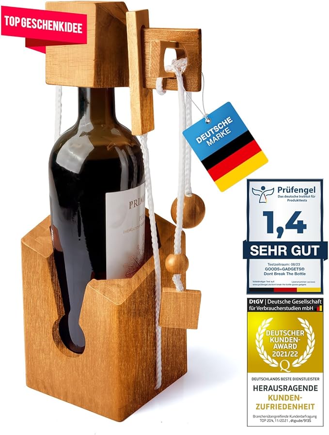 Holz-Flaschentresor als Knobelspiel um eine Weinflasche mit Schnur und Kugeln