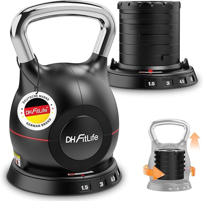 Verstellbare DH FitLife Kettlebell mit Drehmechanismus und sieben Gewichtstufen