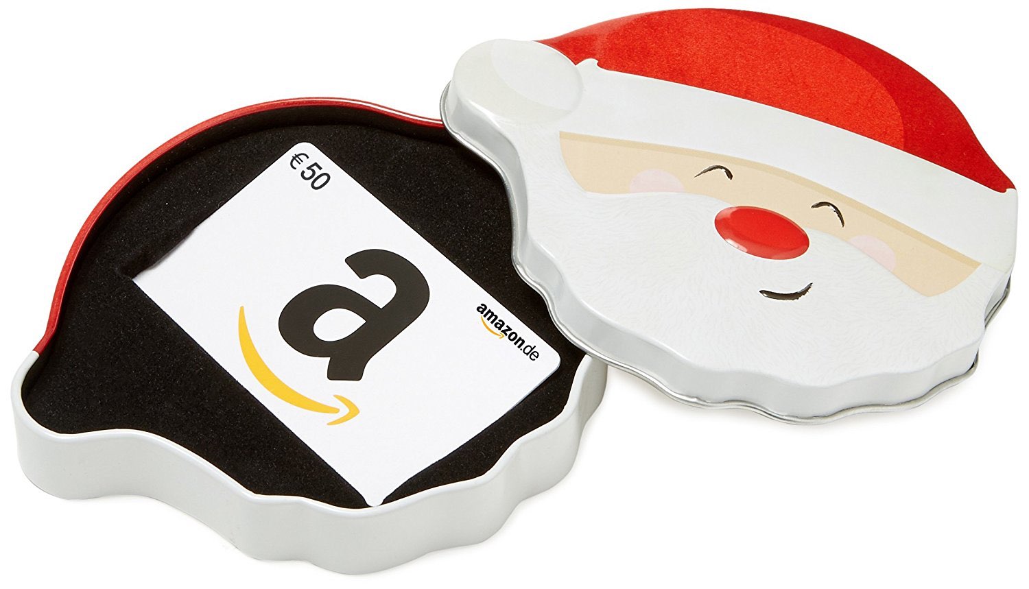 Amazon.de-Geschenkgutschein über 50 Euro in weihnachtlicher Metalldose mit Weihnachtsmann-Motiv