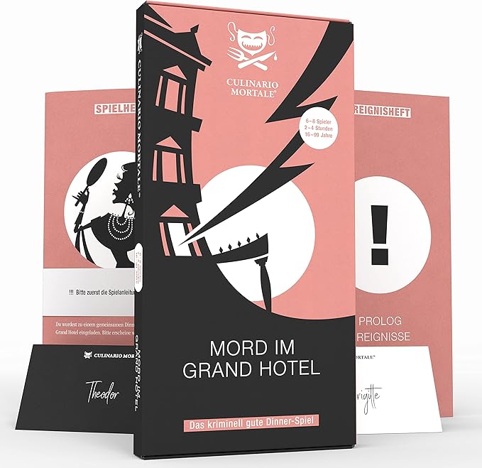 Krimidinner-Spiel Mord im Grand Hotel mit Spielheft, Rollenkarten und Verpackung