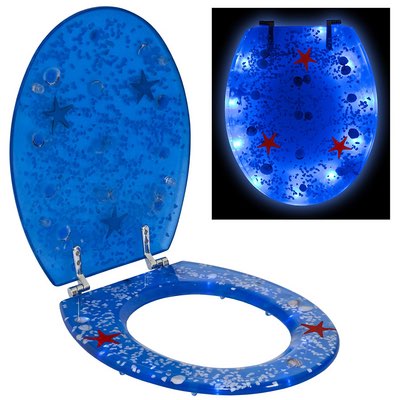 Blauer Toilettendeckel mit Sternen und Luftblasen, im Dunkeln leuchtend