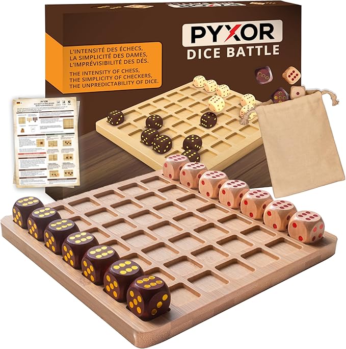 Holz-Strategiespiel mit Spielbrett, braunen und hellen Würfeln, Beutel und Anleitung
