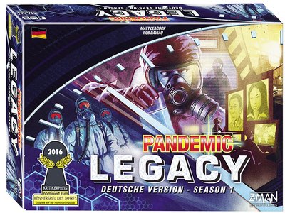 Brettspiel Pandemic Legacy Season 1 deutsche Version mit Personen in Schutzanzügen auf der Verpackung