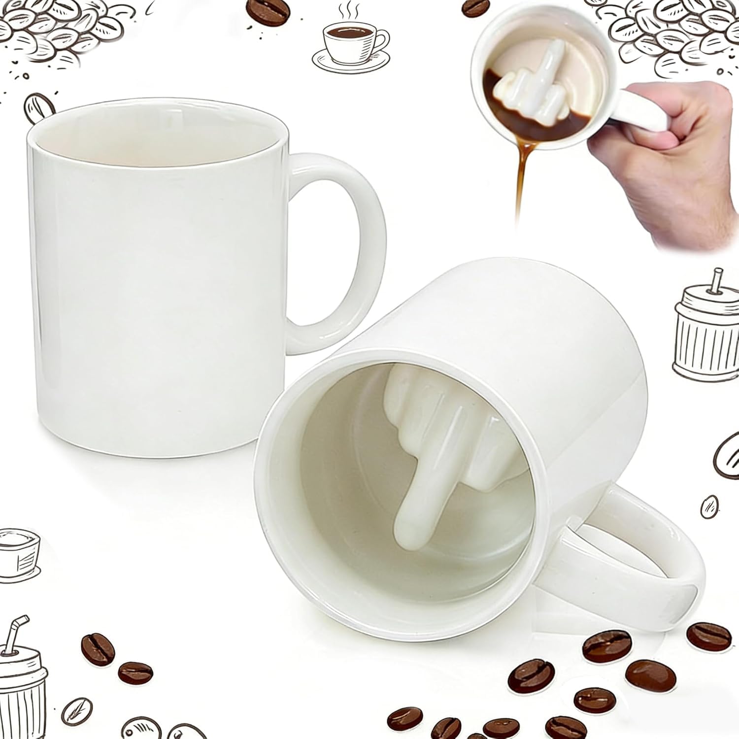 Schwarze Keramiktasse mit aufgerichtetem 3D-Mittelfinger im Inneren