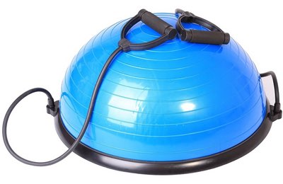 Blauer Balance Trainer mit gewölbter Oberseite und schwarzen Zugbändern