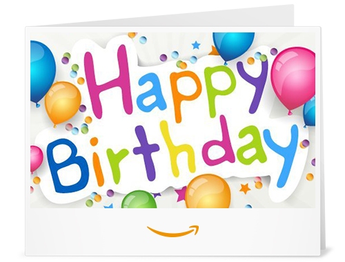Amazon.de Gutschein zum Drucken mit buntem Happy-Birthday-Motiv und Luftballons