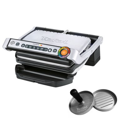 Tefal Optigrill aus Edelstahl mit Bedienpanel und runder Hamburgerpresse